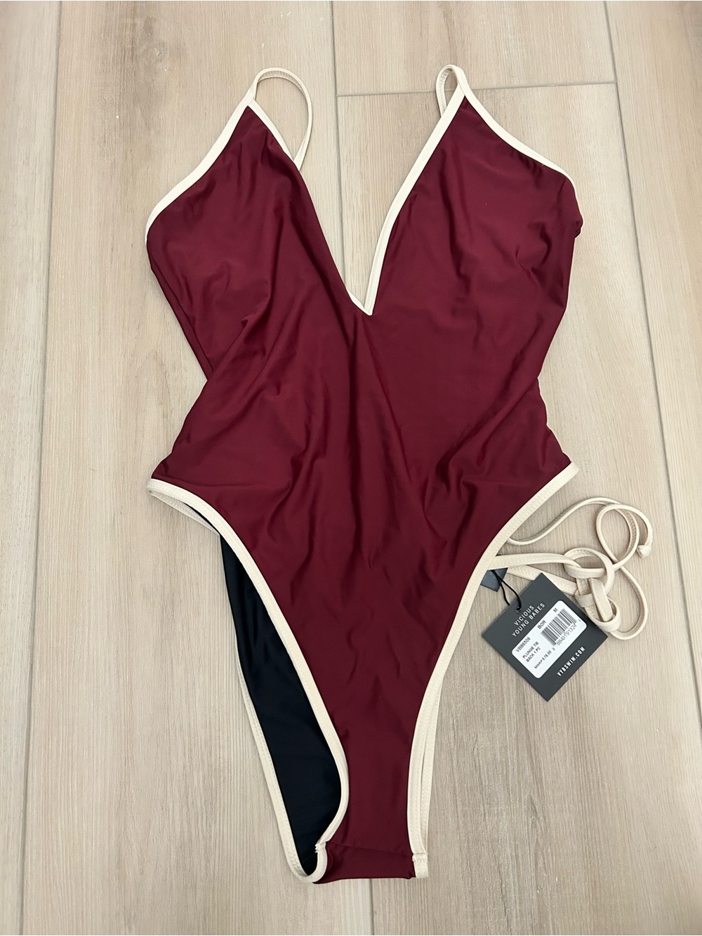 Burgundy V-Neck One-Piece Swimsuit with Cream Trim